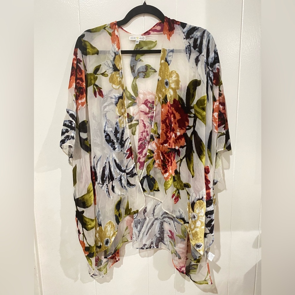 COPY - Sheer Kimono with Beautiful Velvet Floral Print - Picture 1 of 6